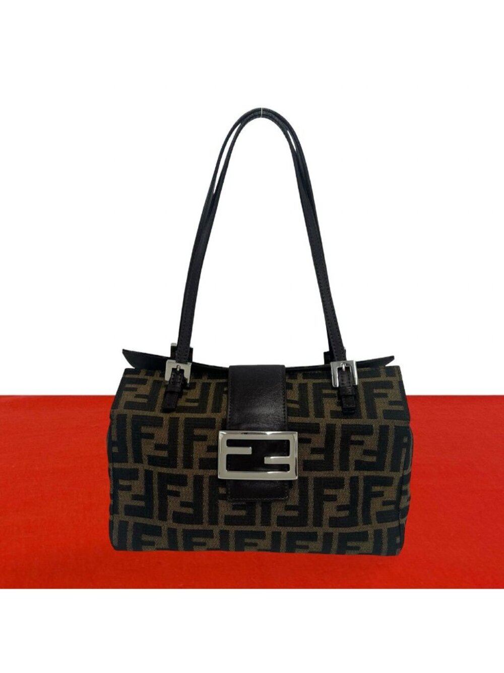 Fendi Vintage Zucca FF Pattern Canvas Leather Tote Bag Brown Black
